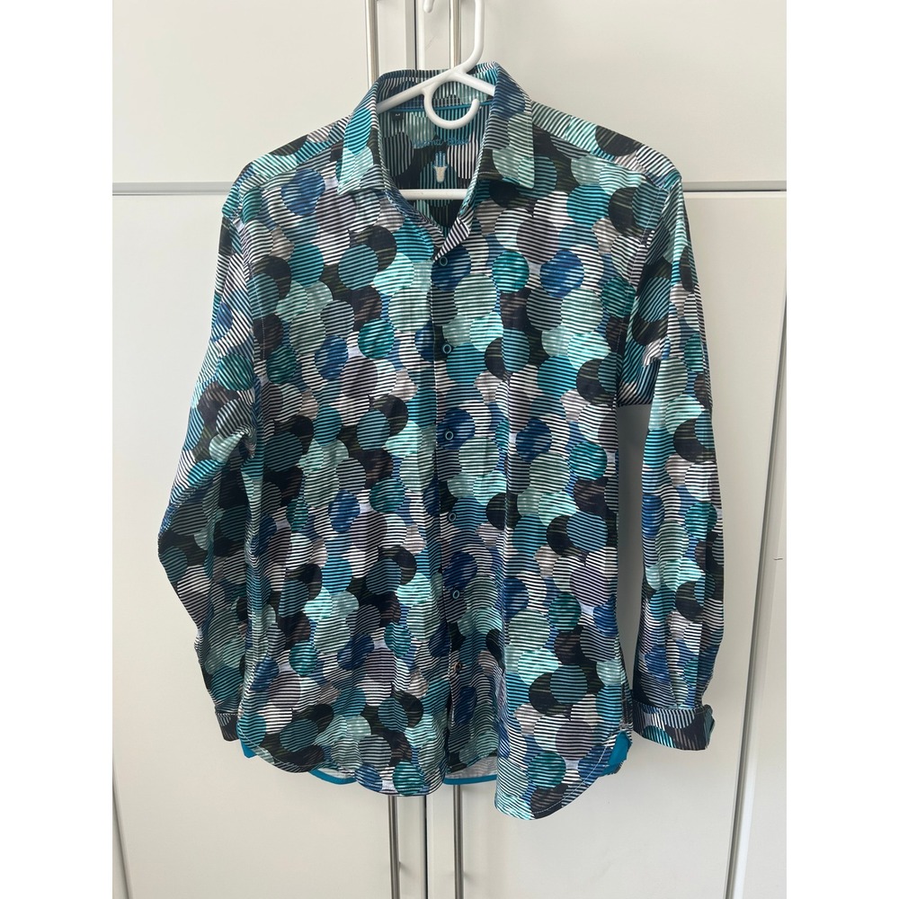 Visconti Black Mens Teal Blue Geometric Circle Stripe Button Down Shirt Size M